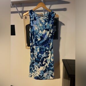 Etro Blue Abstract Floral Cowl Neck Ruched Sleeveless Shift Dress sz 48